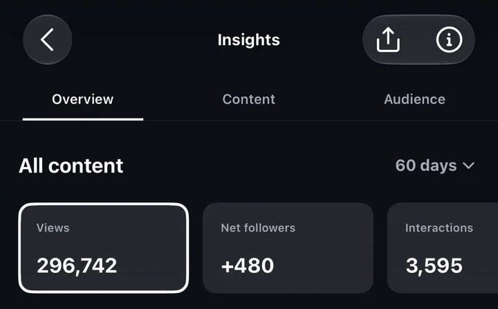 Instagram Insights, all content, last 60 days: 296,742 views, +480 net followers, 3,595 interactions