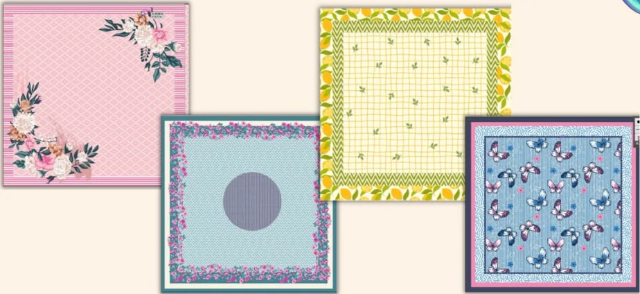 Four printed table mat designs with floral, lemon and butterfly patterns